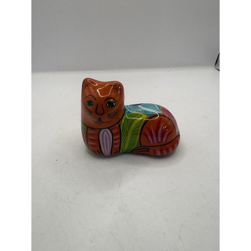 Mexican Talavera Cat Pottery Folk Art Hand Painted Colorful Signed 2.5” Long